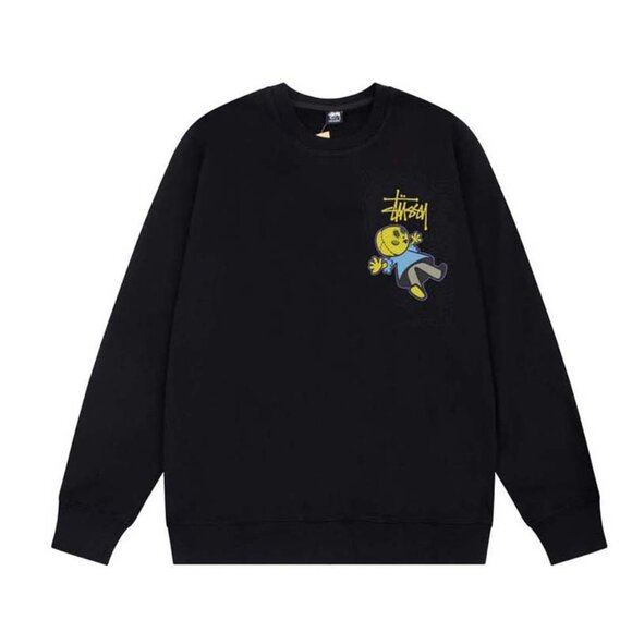 Men's Stussy Printed Crew Neck Long Sleeve Sweatshirt Black - Picture 1 of 7